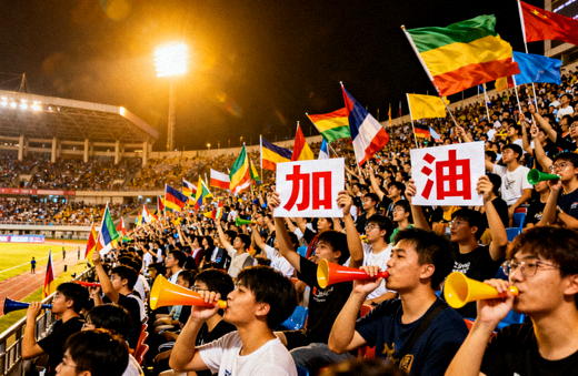 球迷在体育场看台为球队助威，现场气氛热烈